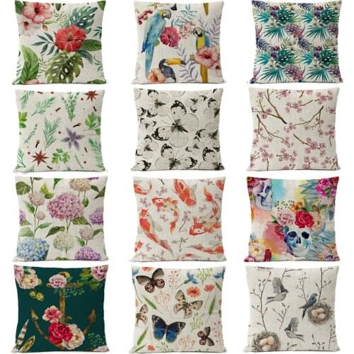 Watercolor Plant Floral Flower Pillow Cover Bird Feather Butterfly Linen PillowCase Home Decorative Pillows Skull Cushion Cover