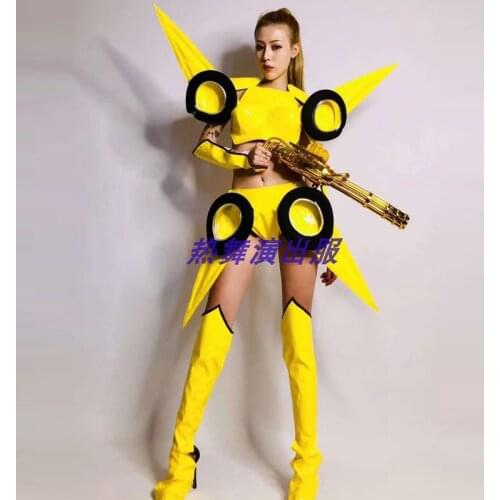 Nightclub Bar Ds Female Singer Costume Party Outfit Sexy Yellow Modeling Suit Female Warrior Halloween Cosplay Clothes DWY4562