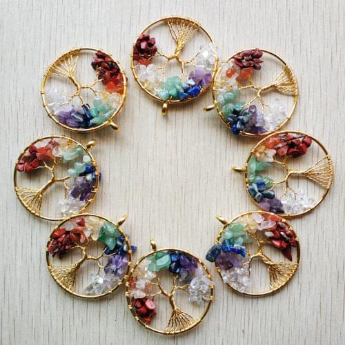 Wholesale 8pcs/lot fashion 7 chakra stone Tree of life handmade gold wire wrapped Pendants 50mm for jewelry accessories marking