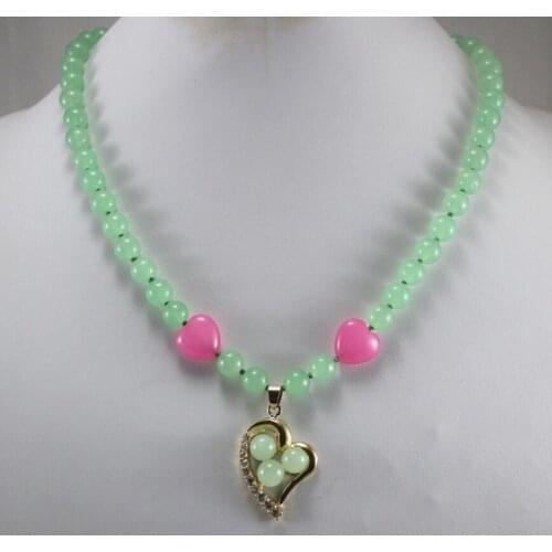 Ping wholesale 18" light green Jade necklace & gp heart inlay 3Natural jade beads design pendant nacklace