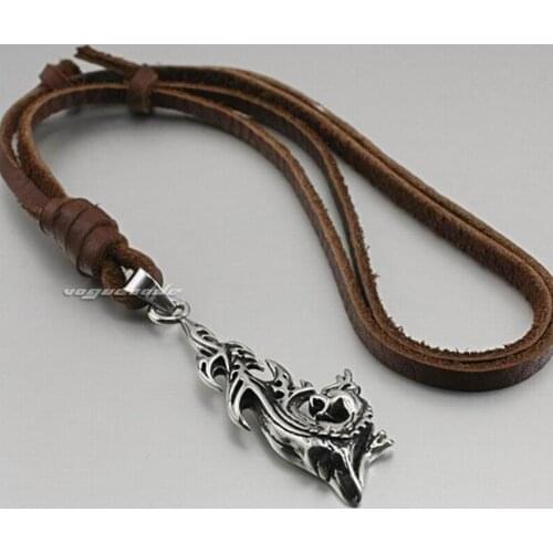 Genuine Leather Necklace 316L Stainless Steel Dragon Pendant Mens Biker Style 2T009
