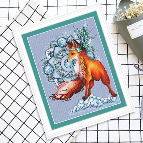 Fox dreamcatcher cross stitch package animal cartoon 14ct 11ct blue unprint cloth kit embroider DIY handmade needlework