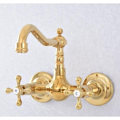 Kitchen Faucets Gold Polished Brass Wall Mounted Kitchen Bathroom Sink Faucet Dual Handle Swivel Spout Hot Cold Water Tap