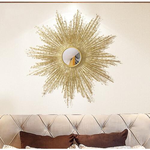 Modern Wrought Iron Decorative Mirror Wall Hangings Sun Shape Crafts Decoration Hotel Home Livingroom Wall Sticker Ornaments Art