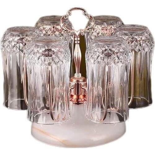 Glass Teacup Metal Drain Rack European Rotating Cup Holder Afternoon Tea Glass 6 Piece Set Upside Down Cup with Acrylic Tray