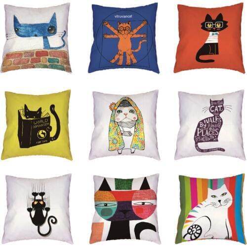 High Quality Cartoon Cat White Cushion Covers World Domination For Cats Printed Home Decor Geometric Ethnic Polyester Peach Skin
