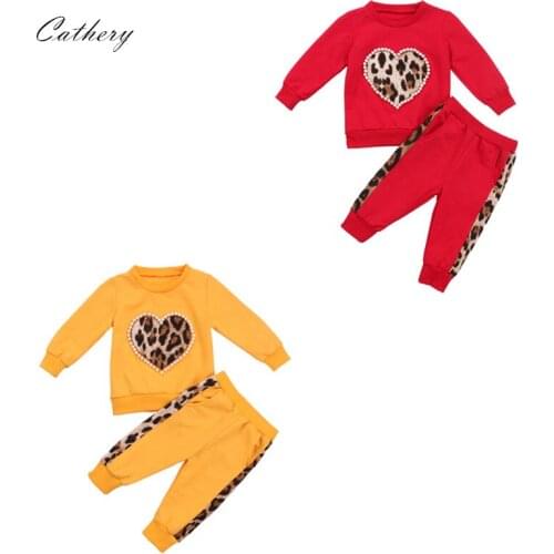 Cathery Toddler Baby Girls Clothes Leopard Outfit Fall Winter Long Sleeve Heart Printing T-Shirt Hoodies Tops Long Pants Clothes
