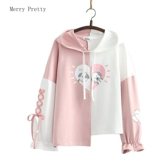 Pink Patchwork Cotton Hoodies For Women 2021 Summer Harajuku Cartoon Print Lace Up Hooded Sweatshirt Sweet Style Ladie Daily Top