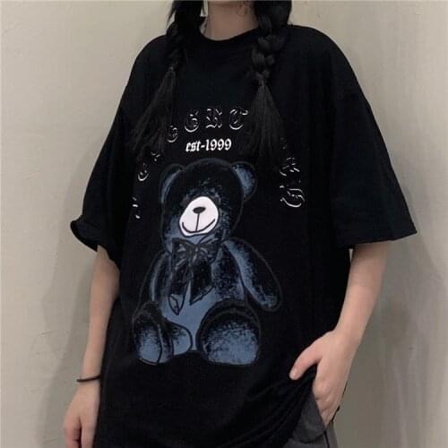 Harajuku Bear Anime Print Woman Tshirts Goth Y2k Tops Street Retro Loose Short Sleeve Kawaii Graphic Christmas Plus Size Top