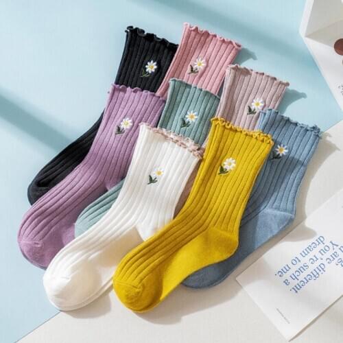 Womens Liitle Flower Socks Girls Socks Simple Solid Color Socks Korean Style Womens Long Socks Kawaii Happy And Funny Socks