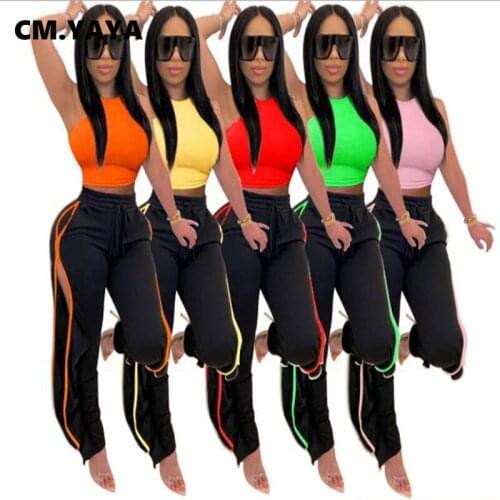 CM.YAYA 2021 Summer Activewear Solid Womens Set Sleeveless Crop Top Pants Suit Sport Tracksuit Two Piece Set Fitness Outfit