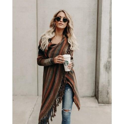 Women Long Sleeve Loose Scarf Collar Striped Tassels Sweater Cardigan England Style Shawl Coat Fashion Streetwear Poncho Sweater