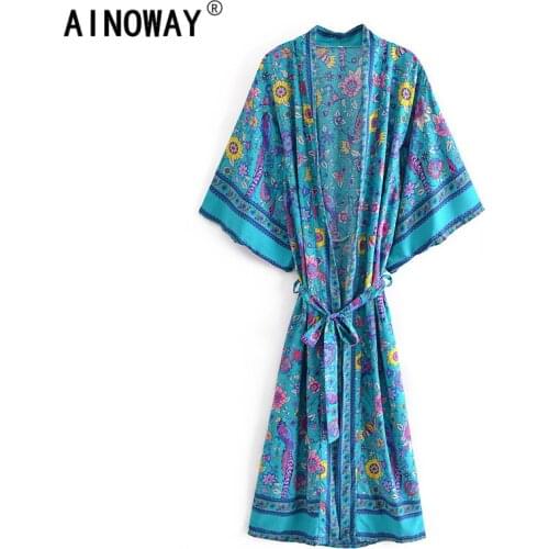 Green Peacock Floral Print Sashes bohemian Vintage chic Women Kimono Ladies V Neck batwing Sleeves blue Boho Maxi dress robe