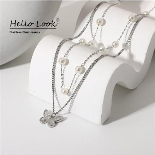 HelloLook Steel Color Double Layer Pearl Necklace for Women Retro Embossed Butterfly Pendant Necklace Female Choker Jewelry