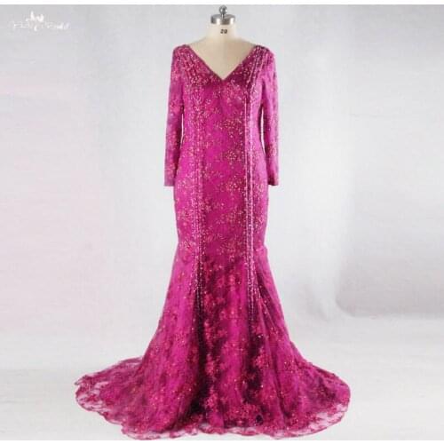 RSE698 Fuschia Long Sleeves V Neck Mother Of The Bride Lace Dresses Crystal Beaded Plus Mermaid Long Sleeve Muslim Evening Dress