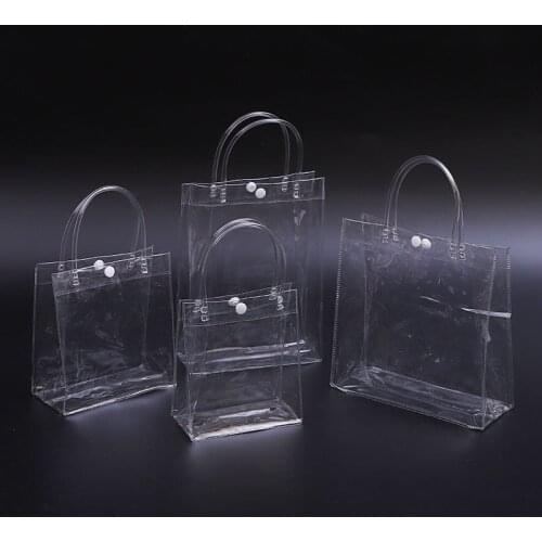100pcs/lot Transparant PVC Gift Tote Packaging Bags With Handle Clear Plastic Handbag Fashion PVC Bags With Button