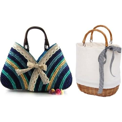 2 Pcs Bag:1 Pcs Casual Fashion Bow Rainbow Stripes Lace Bow Bag Straw Bag & 1 Pcs Waterproof Clutch Handbag Summer Beach Wicker