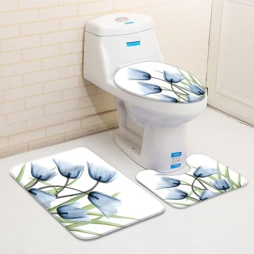 3pcs/Set X-ray Flower Bathroom Mat Transparent Tulip Floral Spring Plant Bath Decor Flannel Bathtub Toilet Carpet Non-Slip Rug