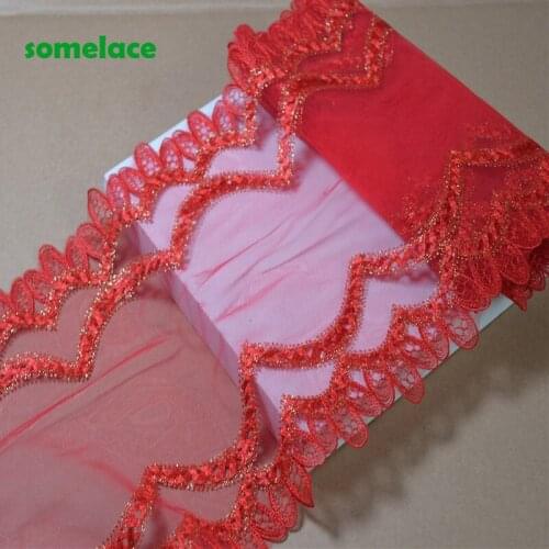 3Yds/Lot 22cm Wide Red Gazue Fluorescent Red Floral Gold Thread Embroidery High Quality Lace Trim For Garments And Wedding1227