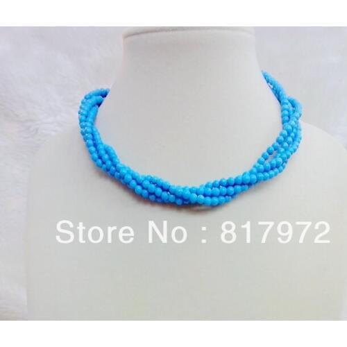 4Rows Necklace 4mm Bead Bright Blue bead Round Bead Twined Handmade Necklace Woman jewelry Party charm &6N00136
