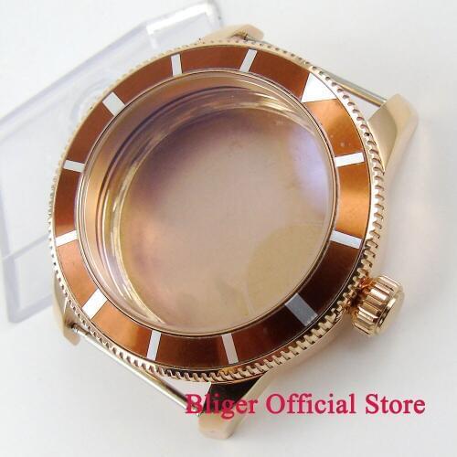 46mm luxury polished golden plated big watchcase insert brown turning bezel mineral glass fit Miyota 8215 ETA 2824 2836 movement