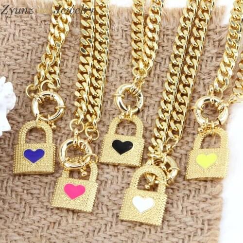 5PCS, Dainty Gold-color Enamel Lock Thick Chain Choker Necklace For Women Heart Padlock Pendant Necklace Female Fashion Jewelry