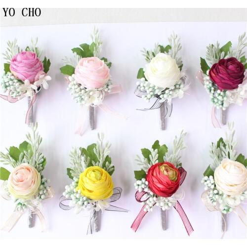 YO CHO Men Wedding Boutonniere Pin Artificial Flower Silk Rose Wrist Corsage Bracelet Bride Flower Women Brooch Wrist Corsage