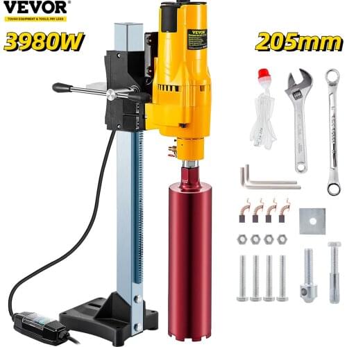 VEVOR 205mm Diamond Core Drill Rig 3980W Wet Dry Handheld Concrete Drilling Machine Kit with Bits & Spanner for Installing Pipes