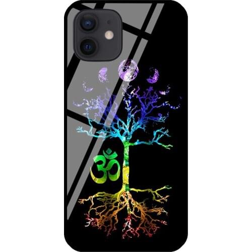 Phases of the Moon Tree of Life Om Chakra Tempered Glass Phone Case For iPhone 12 mini 11 Pro Max XS X XR 7 8 Plus SE 2020 Coque