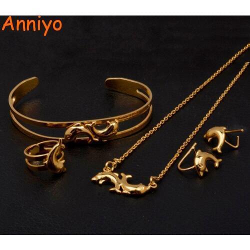 Anniyo Children Gold Color Jewelry sets PNG Dolphi Necklace Earrings Ring Bangle for Kids Ethiopian African Arabian Gift #062502