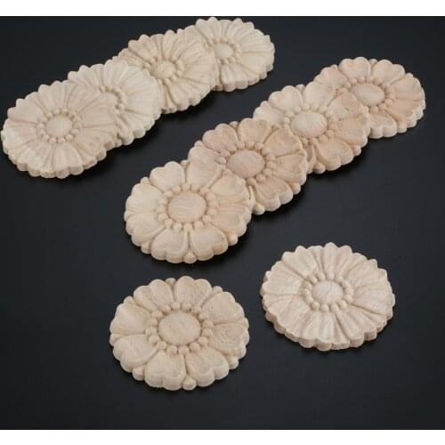 5pcs/kit 8cm Round Floral Wood Carved Decal Corner Applique Frame Woodcarving Wooden Figurine Home Decor Furniture Small Patch