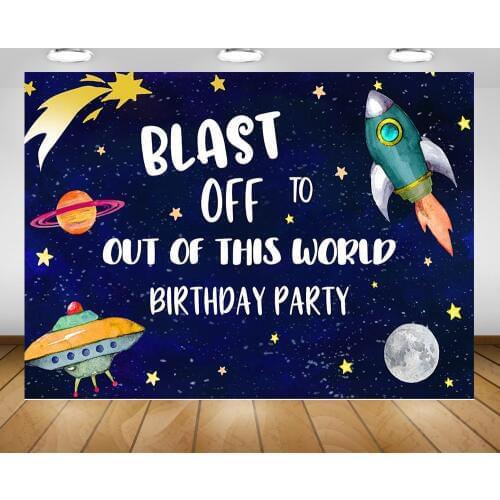Blast off to out of this World Happy Birthday Backdrop Photo Shoot Moon Planet Little Spacecraft Rocket Bithday Background Props