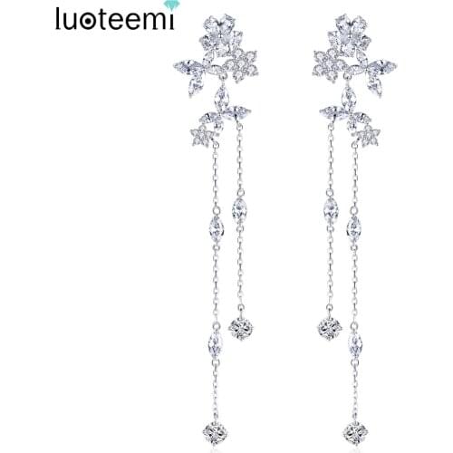 Luoteemi Delicate Fairy Flower Long Thin Chain Drop Dangle Earrings for Women Bridal Wedding Dating with AAA CZ Fashion Jewelry