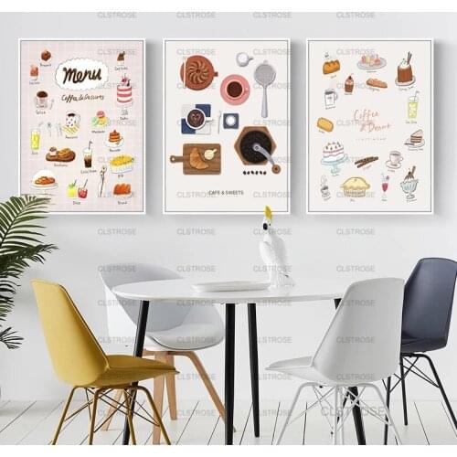 Cute Cartoon Tableware and Dessert Poster Home Wall Art Decoration Canvas Painting for Kitchen Restaurant Dessert Shop