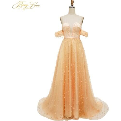 Charming Pearls Champagne Evening Dress 2020 Long Off Shoulder Evening Gown Lace-Up Side Sleeves Elegant Formal Cheap Prom Dress