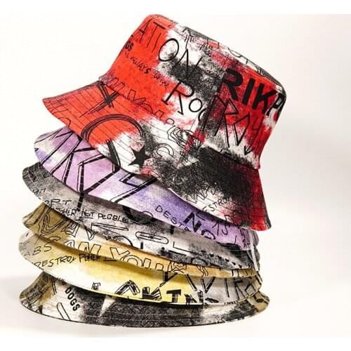 Women Men Retro Letter Print Graffiti Bucket Hat Tie-dye Summer Panama Caps Outdoor Sunhat Fisherman Cap
