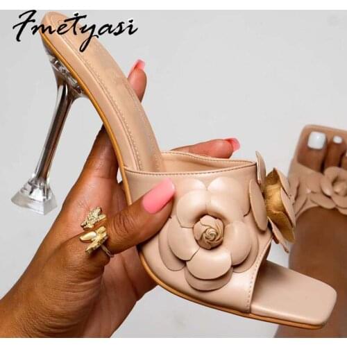 Modern Sandals Flowers Designer Women Shoes Elegant Square Toe Ladies Pumps Transparent Crystal Strange Heels PU Big size