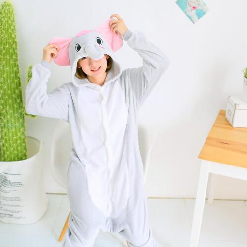Grey Elephant Animal Cosplay Costume Onesie Hoodie For Adult Women Men Halloween Holiday Party Flannel Full Length