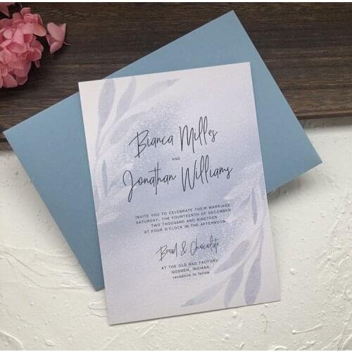Dusty blue botanical watrercolor wedding invitation textured paper cards with envelopes