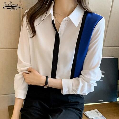 2021 Fashion Long Sleeve Splicing Women Blouse New Spring Contrast Turn-down Collar Tops Temperament Chiffon Shirt Blusas 12859