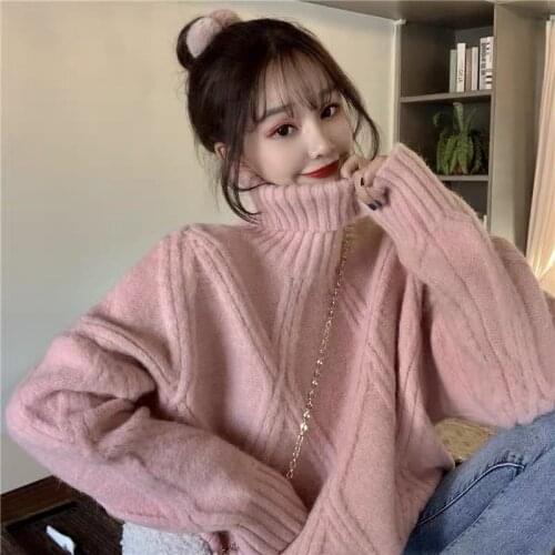 Women 2021 Autumn Winter New Loose Thick Warm Top Female Turtleneck Knit Sweater Top Ladies Long Sleeve Twist Pullover Tops D601