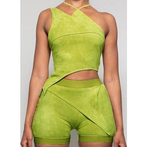 Shorts Suits Womens Asymmetry Velour Avocado Halter Crop Tops solid Sleeveless Sexy Workout Slim 2021 Two Piece Set Female