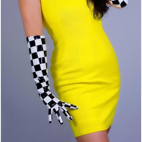 Womens runway fashion sexy slim faux pu leather glove ladys club performance white black plaid long leather glove 50cm R2749