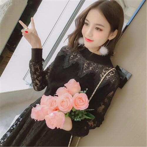 Women Fashion Long Dresses Early Spring Female Clothes Lace Knitted Black Dress Girls High Quality Clothing LWL130