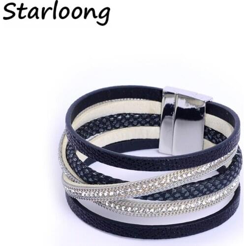 New fashion multi-layer PU black leather bracelet with rhinestone beads magnetic clasp women wrap bijoux Bracelet