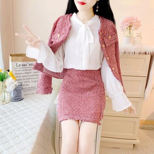 Autumn Winter Women Runway 3 Piece Set Fashion Tweed Tassel Jacket Coat + High Waist Mini Pencil Skirt Set