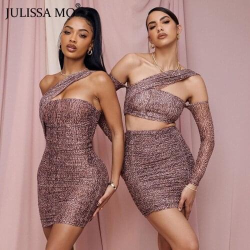 JULISSA MO Printed Leopard Backless Mini Dresses for Women Summer Slant Shoulder Mesh Zipper Dress Femme Sexy Party Vestido 2021