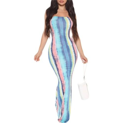 Womens Sexy Tie Dye Tube Top Maxi Dress Bodycon Off Shoulder Sleeveless Strapless Tight Long Pencil Dress Summer Long Dress