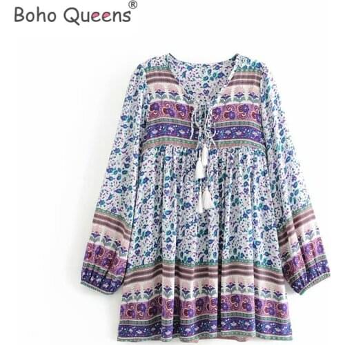 Boho Queens ethnic floral print long sleeve beach Bohemian mini dresses Ladies loose tie neck rayon dress
