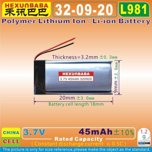 10pcs [L981] 3.7V 45mAh [320920] Polymer lithium ion / Li-ion battery for BLUETOOTH earphone,speaker,GPS,MP3;CAMERA;MP4